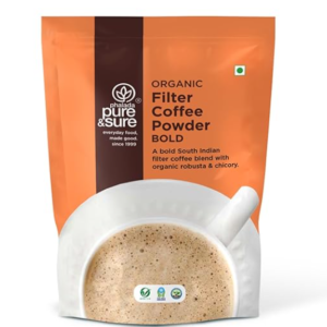 Pure & Sure Organic Filter Coffee Bold 200g | Organic Robusta Blend (95% Coffee, 5% Chicory)| Strong & Flavorful| Steam-Sterilized| Antioxidant-Rich| Sustainably Sourced